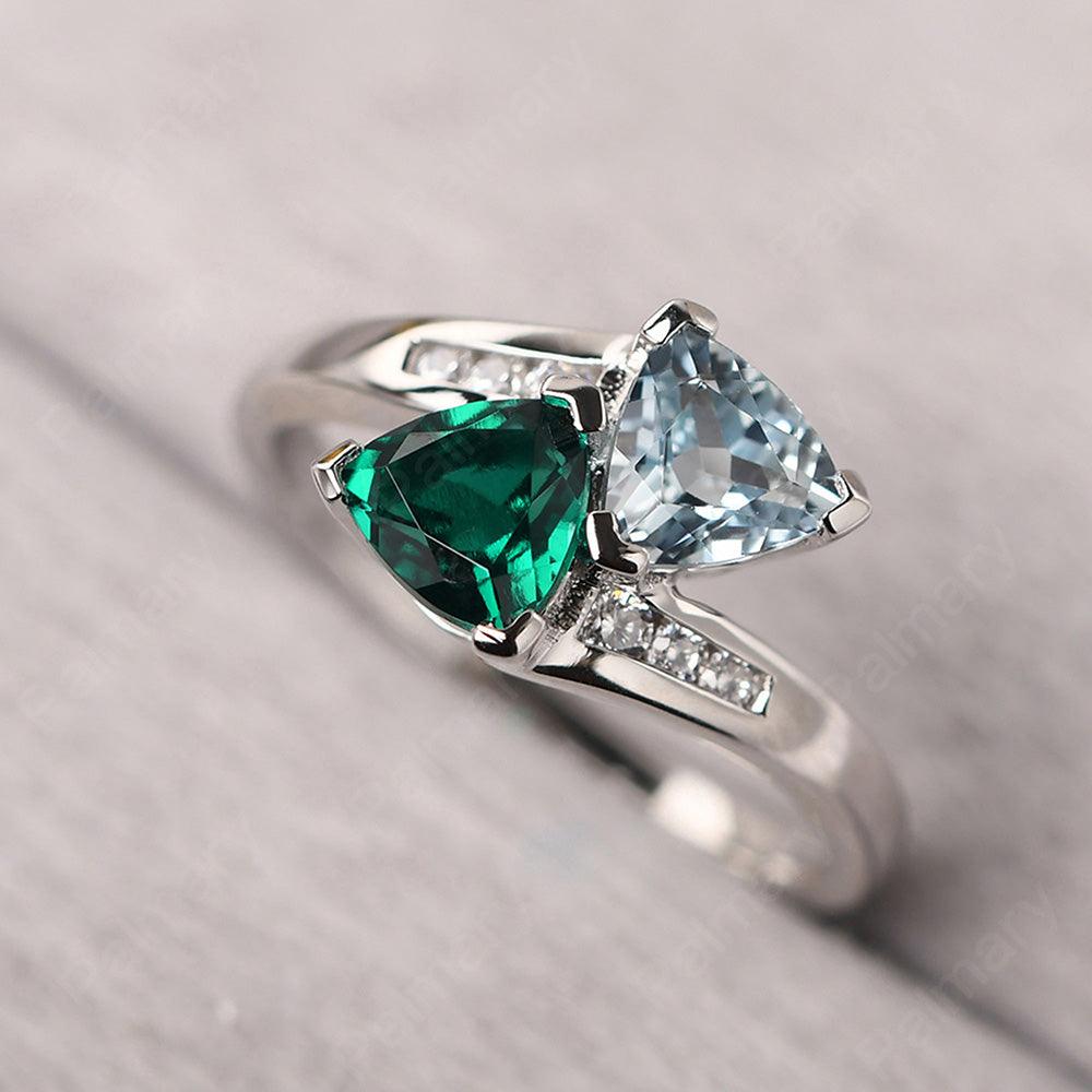 Two Stone Trillion Cut Aquamarine And Emerald Rings - Palmary