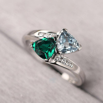 Two Stone Trillion Cut Aquamarine And Emerald Rings - Palmary