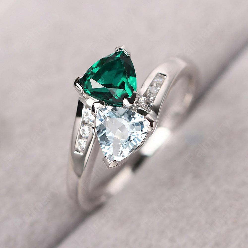 Two Stone Trillion Cut Aquamarine And Emerald Rings - Palmary