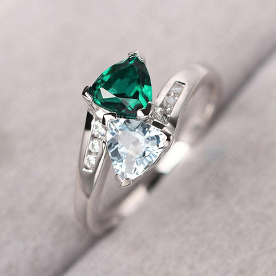 Two Stone Trillion Cut Aquamarine And Emerald Rings - Palmary