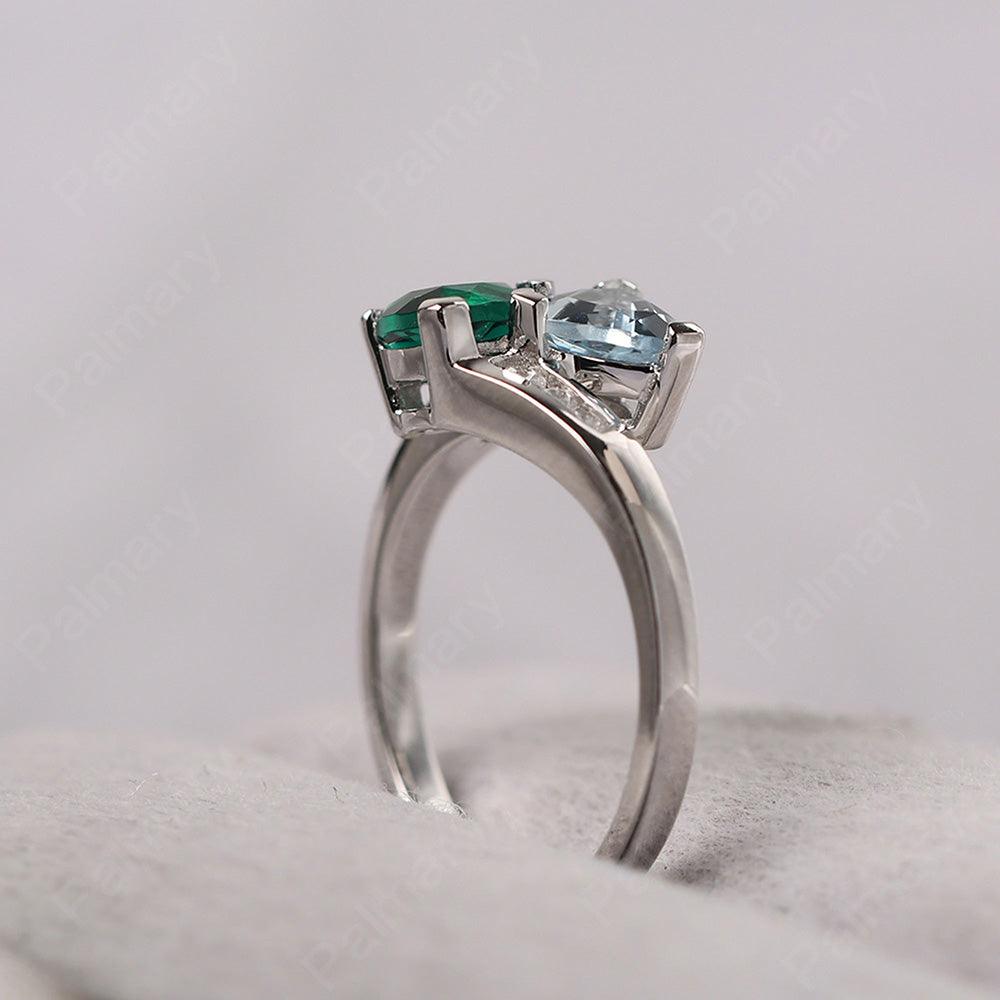 Two Stone Trillion Cut Aquamarine And Emerald Rings - Palmary