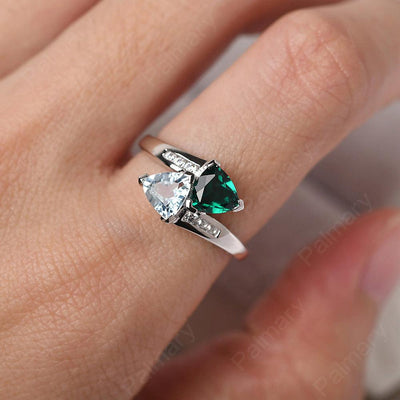 Two Stone Trillion Cut Aquamarine And Emerald Rings - Palmary