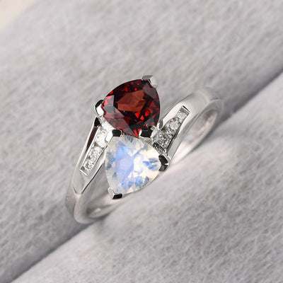 Two Stone Trillion Cut Garnet And Moonstone Rings - Palmary